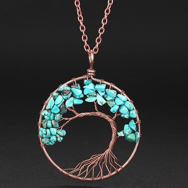 Hand-Wound Natural Stone Crystal Ancient Red Copper Curved Tree Of Life Curved Tree Necklace N01