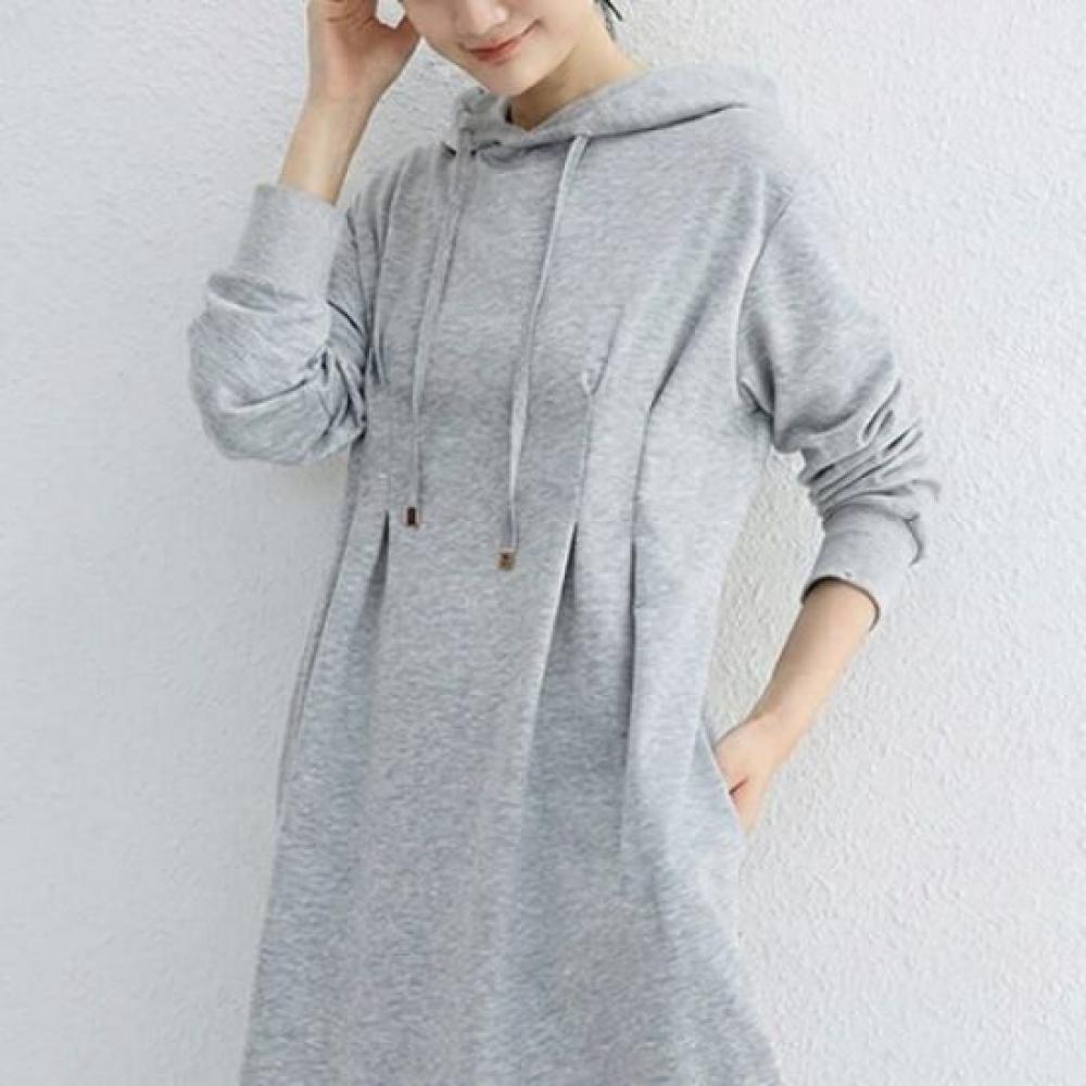Navava Women Waist Shirring Long Sleeve Hoodie Long Dress No964