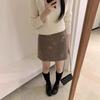 Women's High-Waisted Light Brown Sequin Wool A-Line Short Skirt - Elegant, Slimming Autumn/Winter Style