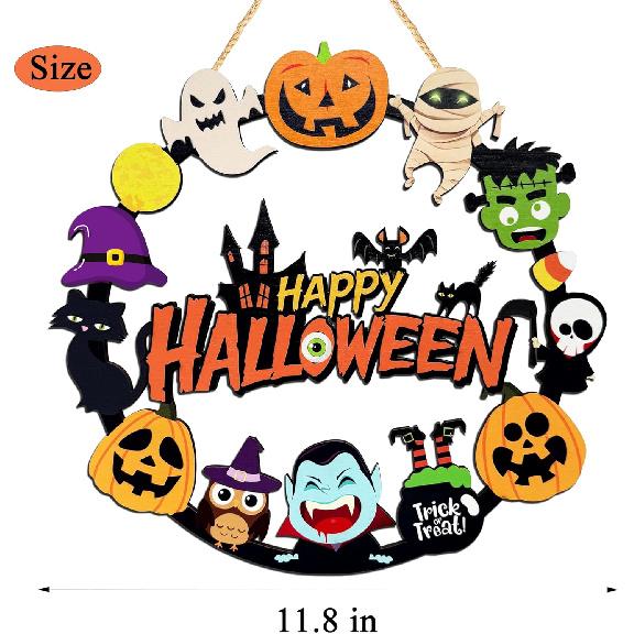 Halloween Decorations Wooden Pumpkin Ghost Door Wreath for Front Door Sign, Cute Happy Halloween Door Hanging Sign Outdoor Indoor Wall Home Decor