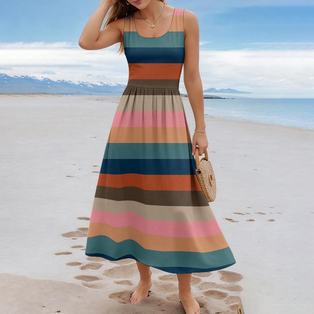 Ladies' striped summer casual and fashionable sleeveless long dress
