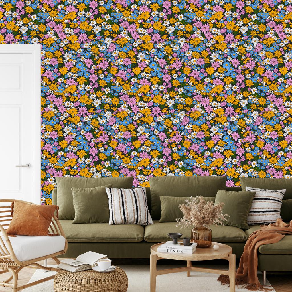 Wild Flowers Wallpaper Gold and Purple for Living Room and Bedroom 50x1000