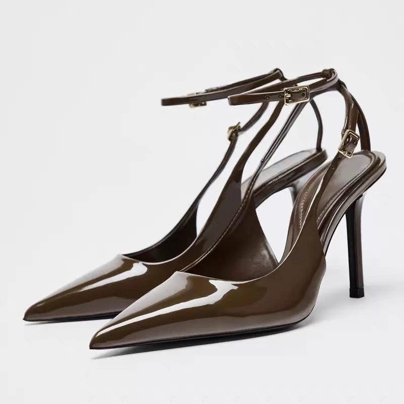 Fashion Summer New Baotou Patent Leather Stiletto Sandals Women's Pointed Toe Shallow Mouth Slip Strap Non-slip High Heels