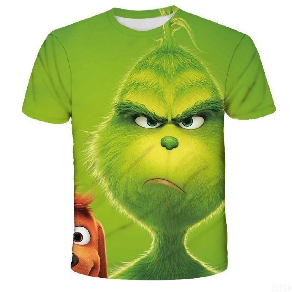 Nowy Świąteczny Kreskówkowy Zielony Futrzany Potwór Drukowany 3D Męski T-shirt z Krótkim Rękawem Świąteczny Grinch