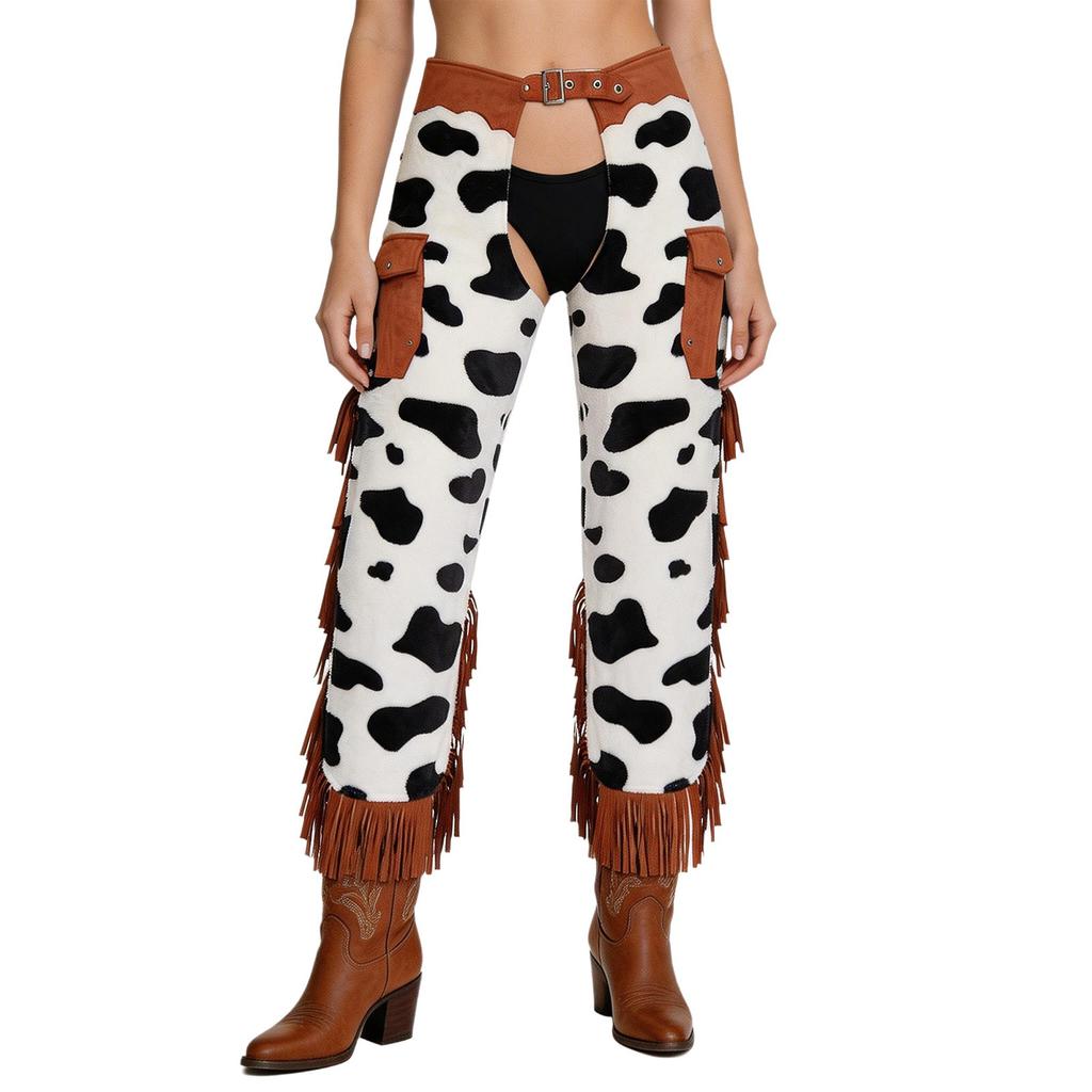 Cowboy Fringe Chaps Pants Cow Pattern Flannel Tassel Patchwork Adjustable Waist Trousers for Men Western Vintage Party Outfit
