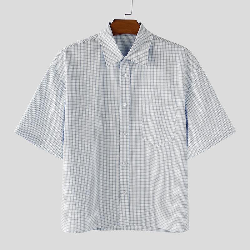 

INCERUN Oversized Men Lapel Neck Short Sleeve Plaid Print Casual Shirts 4XL синий