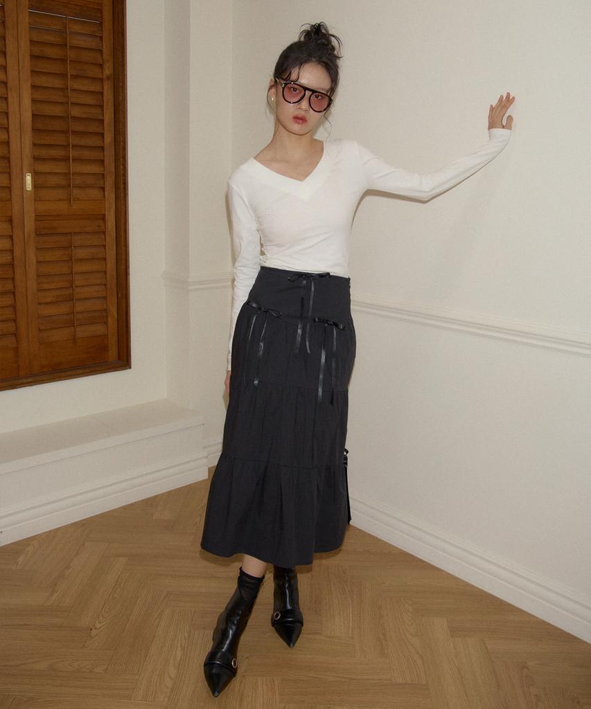 Salon De Yon Romantic Ribbon Long Skirt_ Black