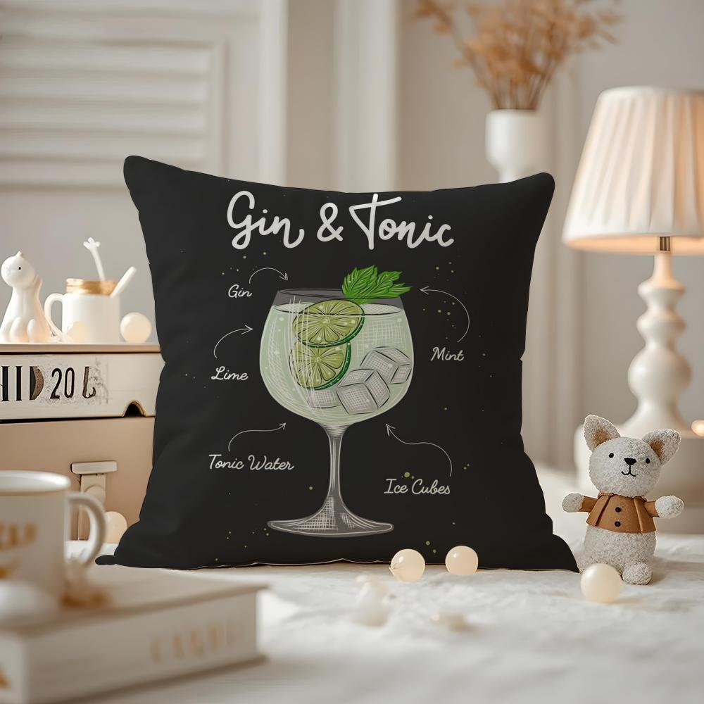 Gin& Tonic Cocktail Painting Cushion Cover Anti-dustmite Pillowcase Invisible Zipper Silky Short Plush Sofa Cushion Cover