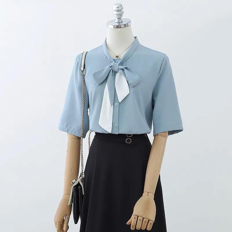 Bow Tie Blouse Women Summer Thin French Blouse Women Loose Belly Short-sleeved Chiffon Shirt Solid Shirt
