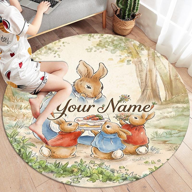 Easter Bunny Picnic Custom Name Round Area Rug Carpet Rug For Living Room Bedroom Sofa Playroom Decor Nonslip Floor Mat