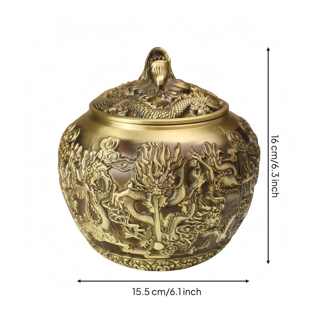 Brass Tea Canister with Dragon Motif Heavy-Duty Lid