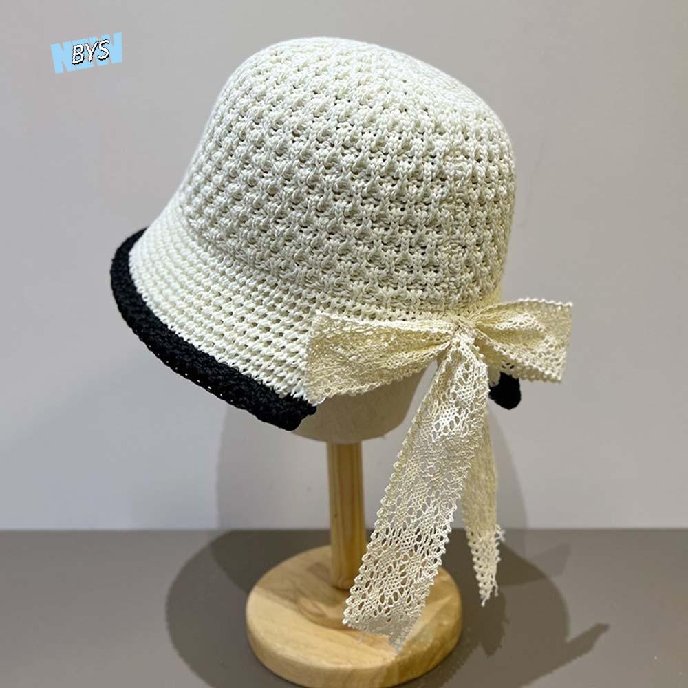 Temperament Knitted Bucket Hat Hollow Out Breathable Sunshade Basin Cap Solid Color French Style Sun Protection Cap Vacation