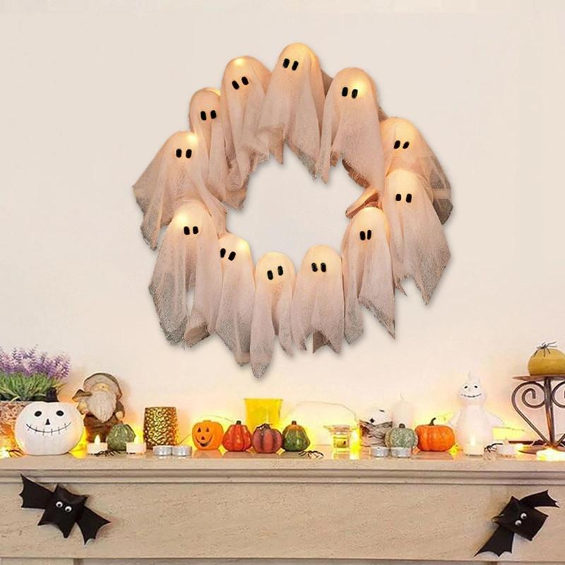 Halloween Lit Ghosts Wreath LED Light-Up White Ghost Garland,Spooky Deco 15.75in