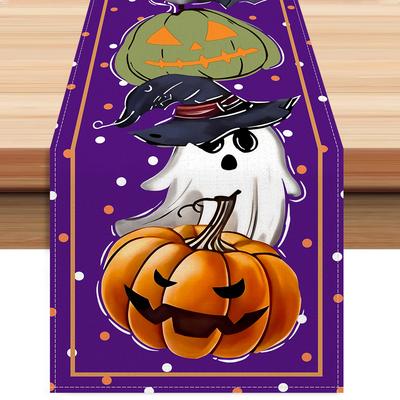 1pc Purple Halloween Table Runner Pumpkin Ghost Table Runner Dustproof Durable Tablecloth for Halloween Dining Room Decoration