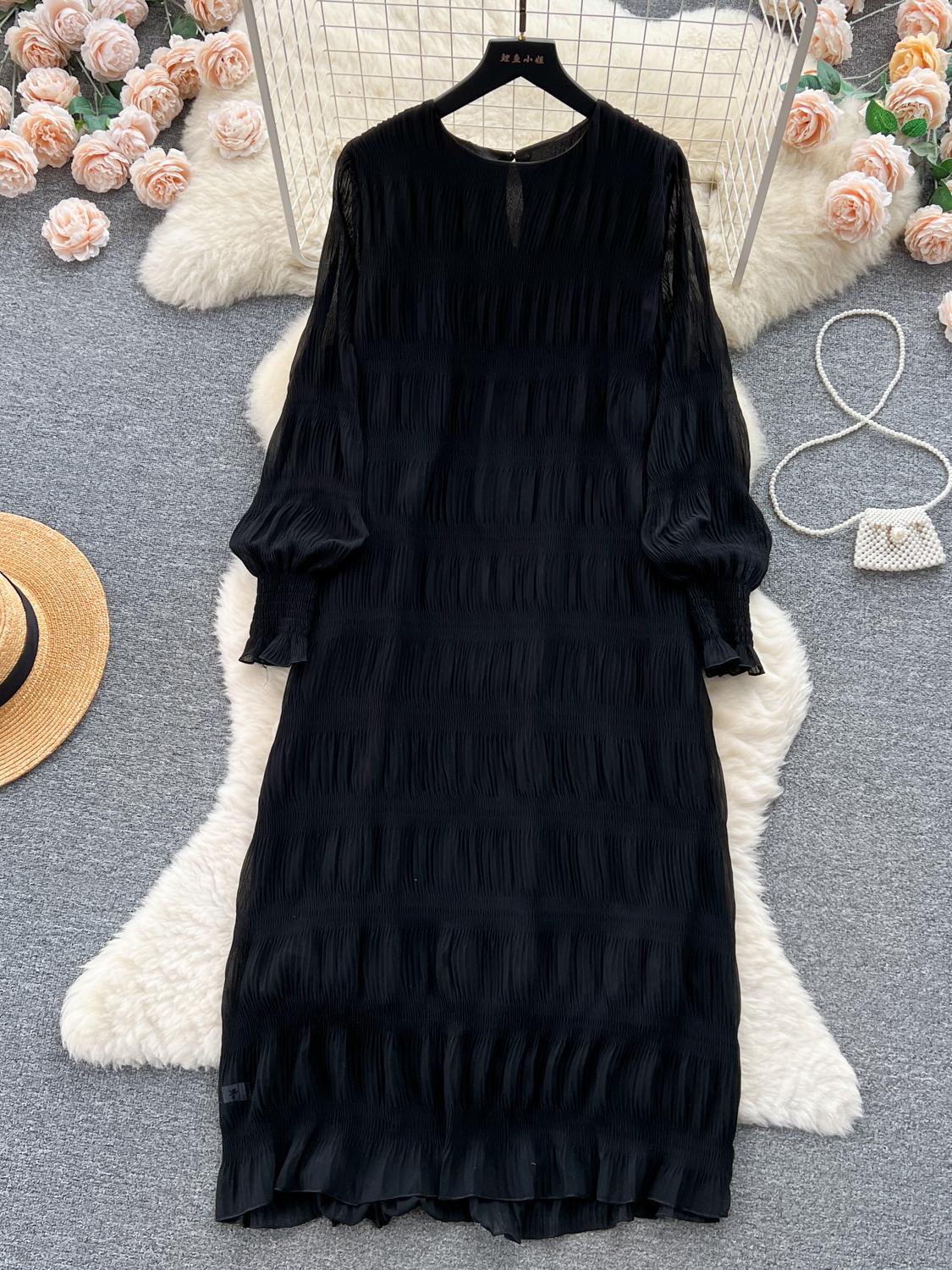 

Осеннее винтажное женское драпированное свободное платье миди, элегантное круглое воротниковое платье-фонарик с длинным рукавом, повседневные платья, новое One Size чёрный