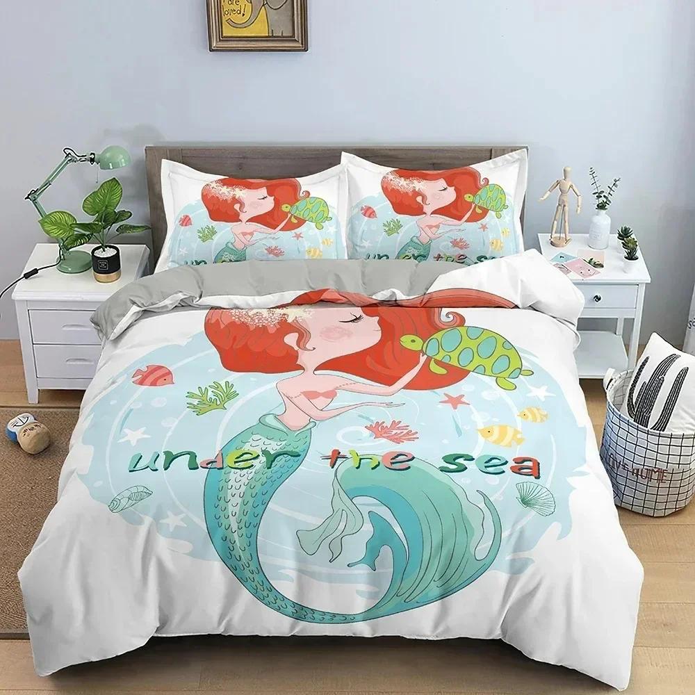 Set copripiumino con motivo a sirena dei cartoni animati, set di biancheria da letto per bambini, decorazione per camera da letto, trapunta, copripiumino, king size, singolo, singolo