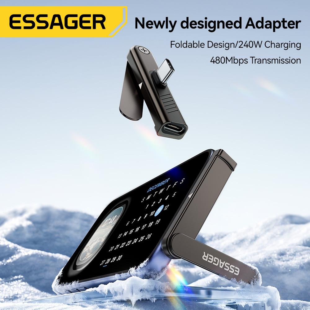 Essager 240W 2-in-1 Fast Charging OTG Adapter with Foldable Stand Type-C Male to Type-C Female Converter For iPhone 17 16 15 Pro 3