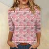 Women's Fashionable Casual Three-Quarter Sleeve Christmas Print Round Neck Top