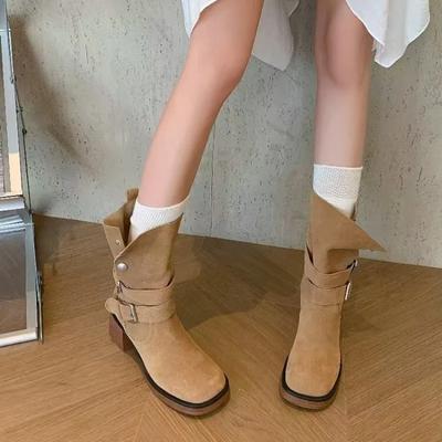 Winter New Chunky Heels Women's Mid-calf Boots Solid Color Vintage Shoes Fashion Belt Buckle Western Cowboy Knight Boots Women