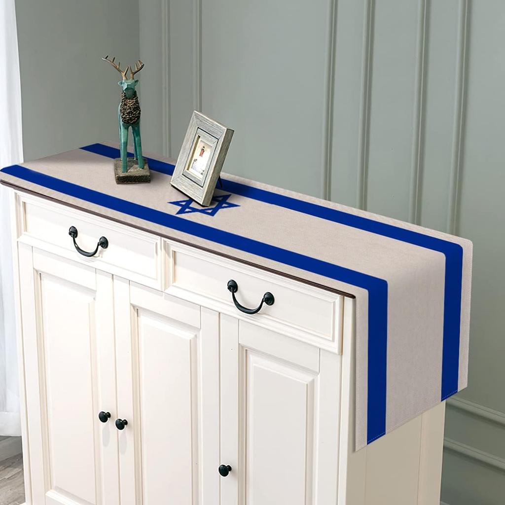 Linen Israel Flag Table Runner Je Table Decoration for Passover Rosh Hashanah Sukkot Sukkah Kitchen Dinning Room Party Decor (13" x 72")