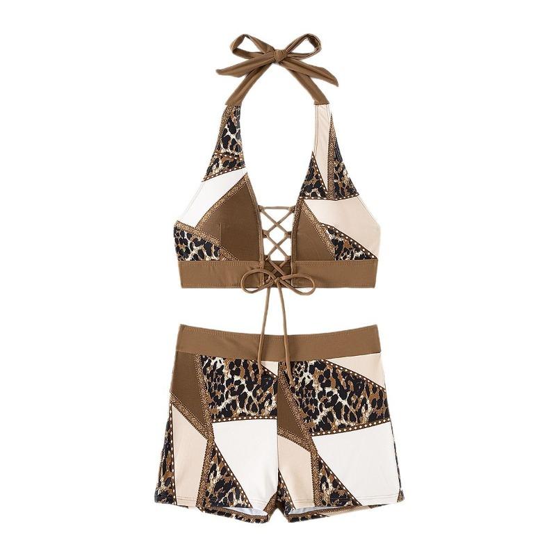 Swimsuit split two-piece leopard print stitching sexy brown seaside vacation bikini set with cross straps