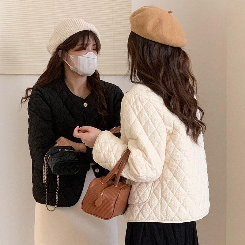 Women's Autumn Winter O Neck Long Sleeve Button Big Pocket Short Warm Parka Chic Jacket