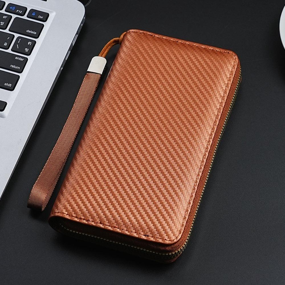 New Zipper Buckle Long Wallet Solid Color PU Leather Money Clip Minimalist Carbon Fiber Multi-Slot Card Holder Men