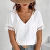 Summer New V-neck Lace Short Sleeve Casual White Shirts Women Elegant Hollow Out Vintage Loose Blouses Women Sweet Slim Fit Female Shirt Tops 26641