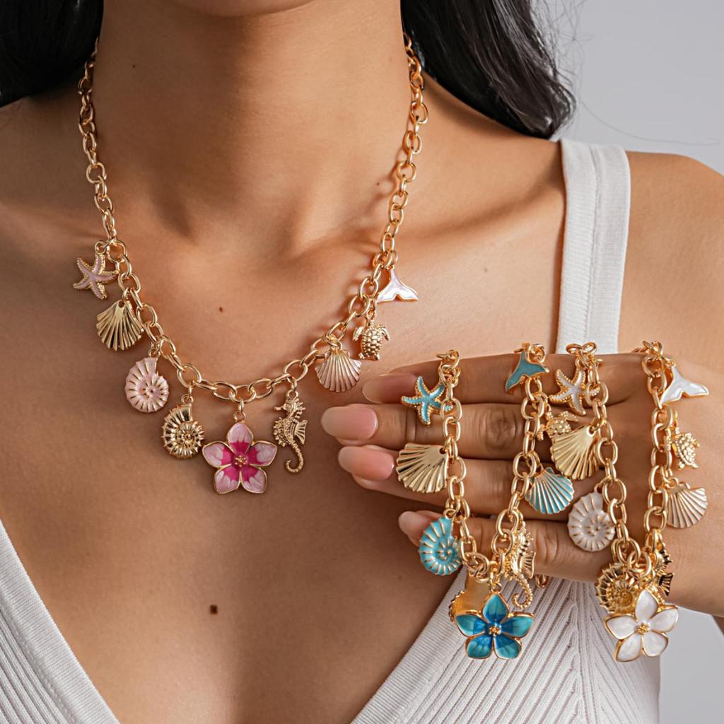 Ozean Serie Emaille Anhänger Halskette Damen Seestern Muschel Blume Halskette Retro Meeresküste Strand Urlaub Tägliche Schmuck Accessoires