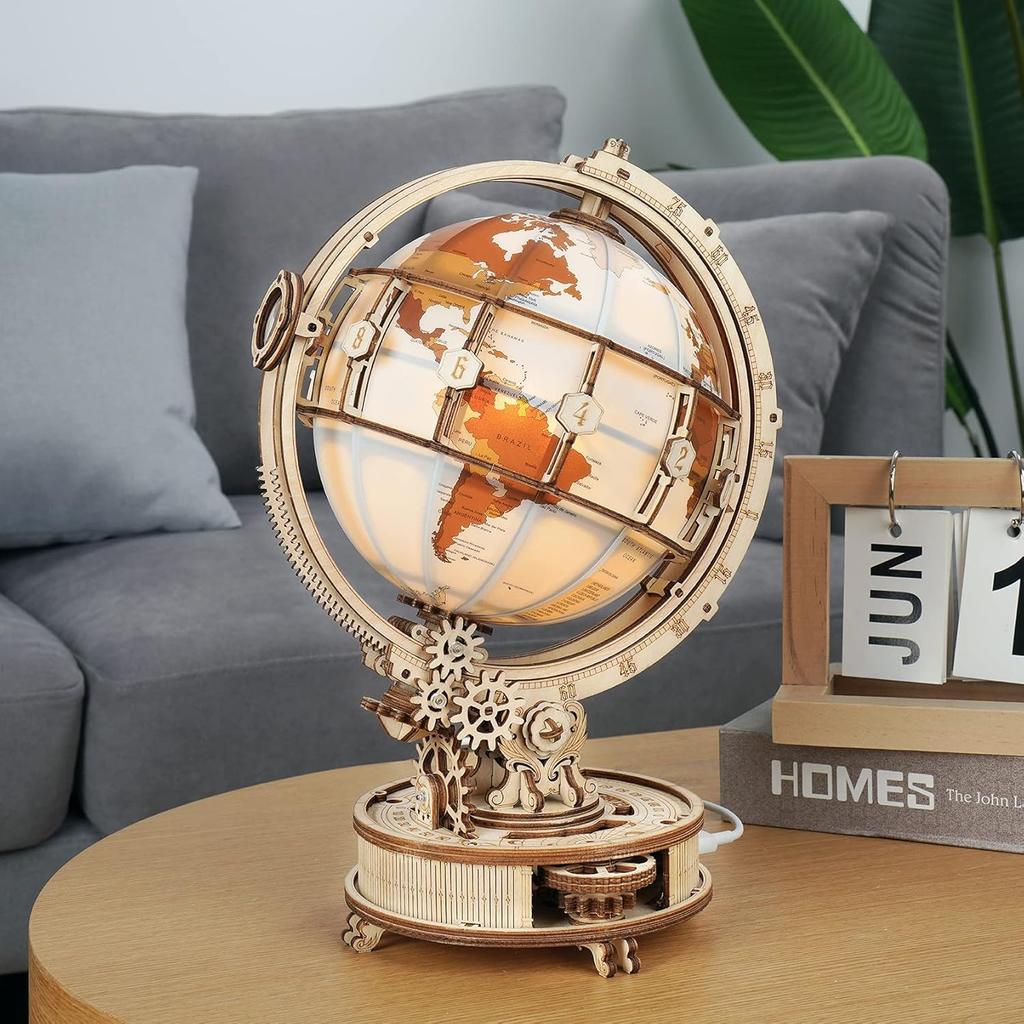 3D Wooden Puzzle Luminous World Model Kit with LED Light Rotating Wooden Construction Kit Best Festival Gifts