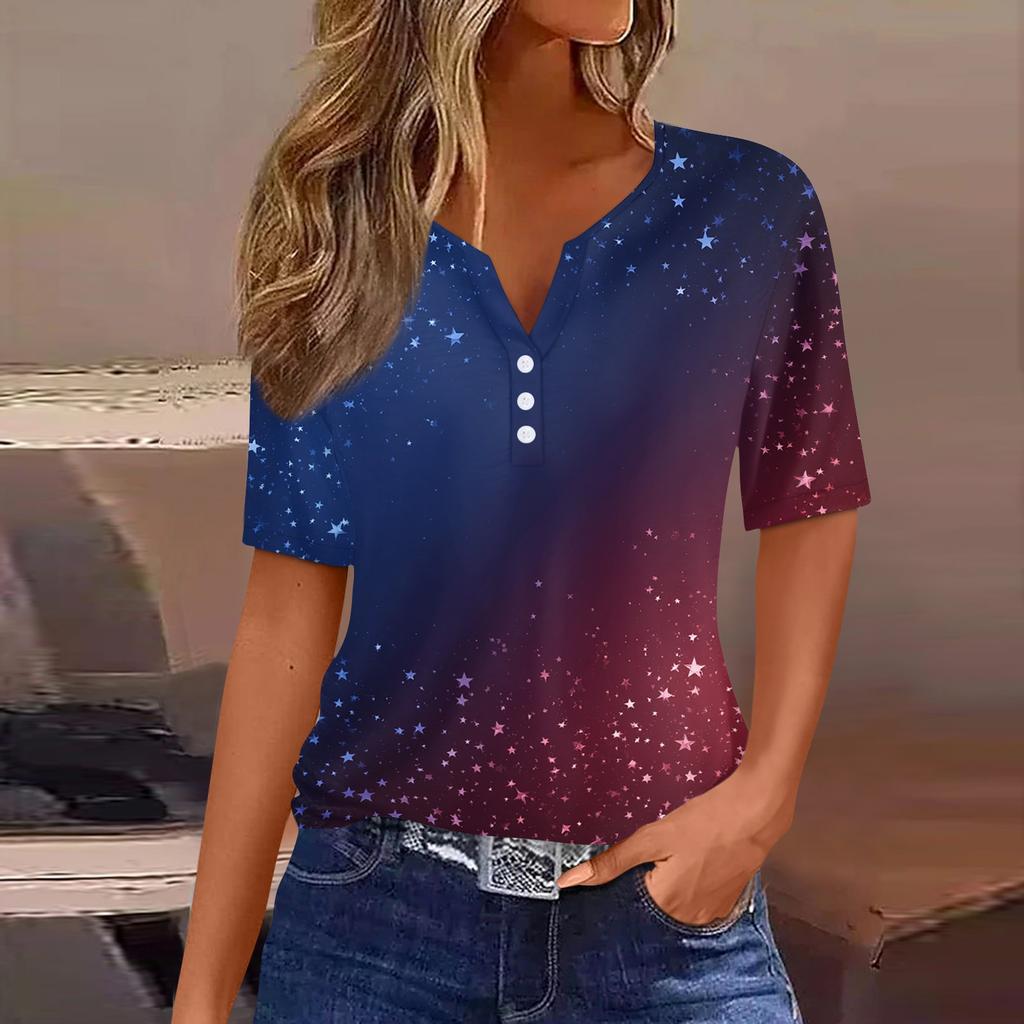 Women's T Shirt Independence Day Print Button Short Sleeve Daily Weekend Fashion Basic V- Neck Regular Top