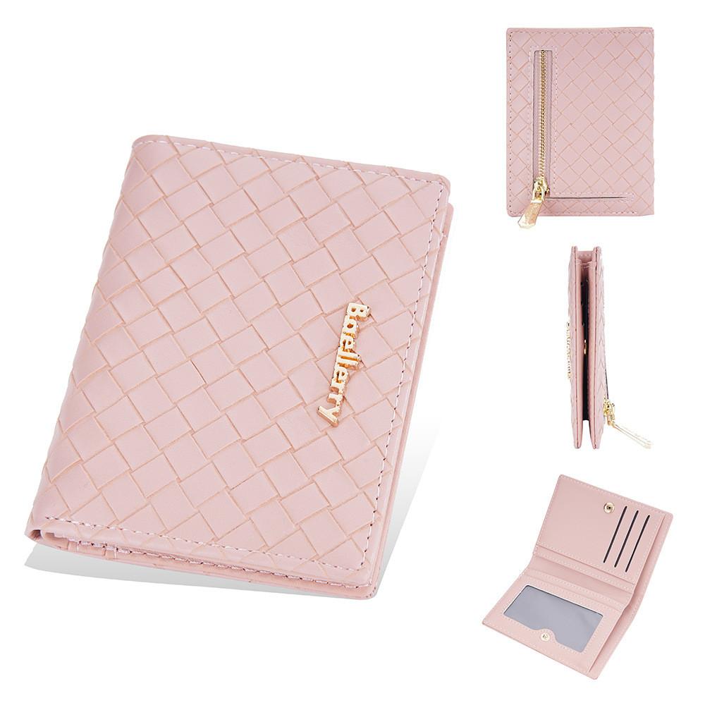 Pu Leather Womens Short Wallet With Weaving Pattern Design And Letter Decor For Daily Use