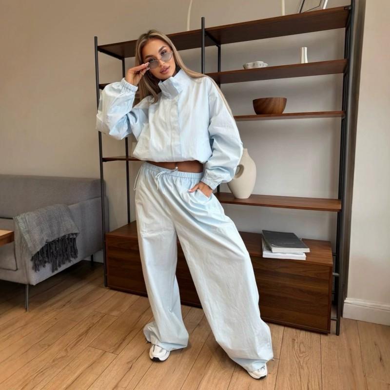 Womens Casual 2-Piece Set Stand Collar Zip-Up Jacket Wide-Leg Pants Streetwear