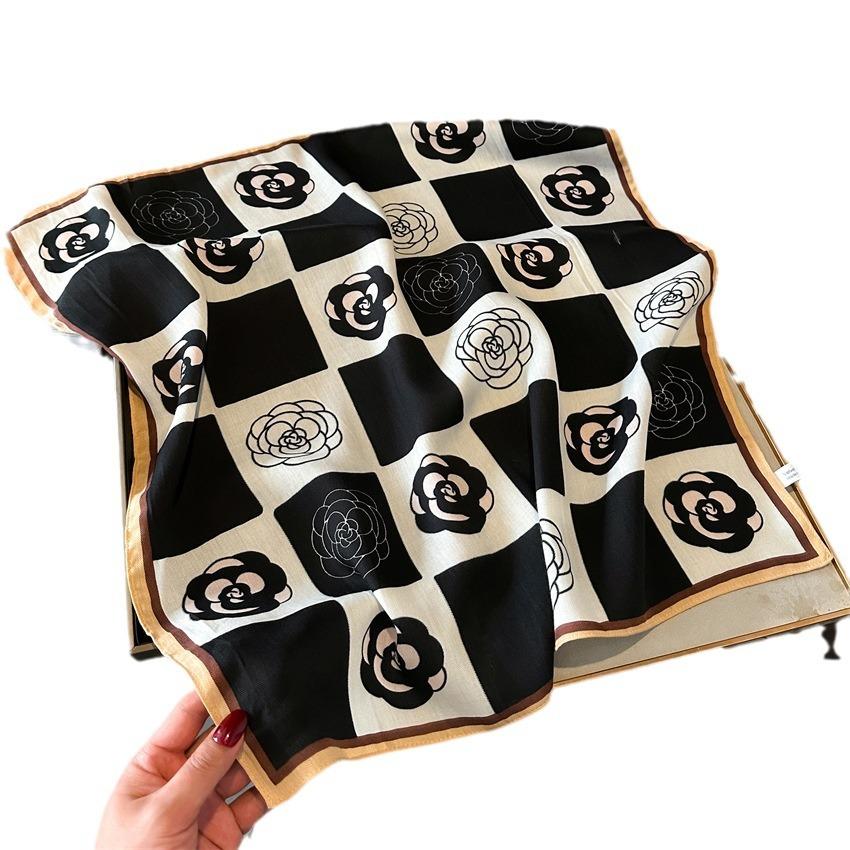 New Checkerboard Camellia Small Square Scarf Silk Scarf Headscarf Thin Versatile Scarf Herringbone Pattern Imitation Velvet Scarf Women
