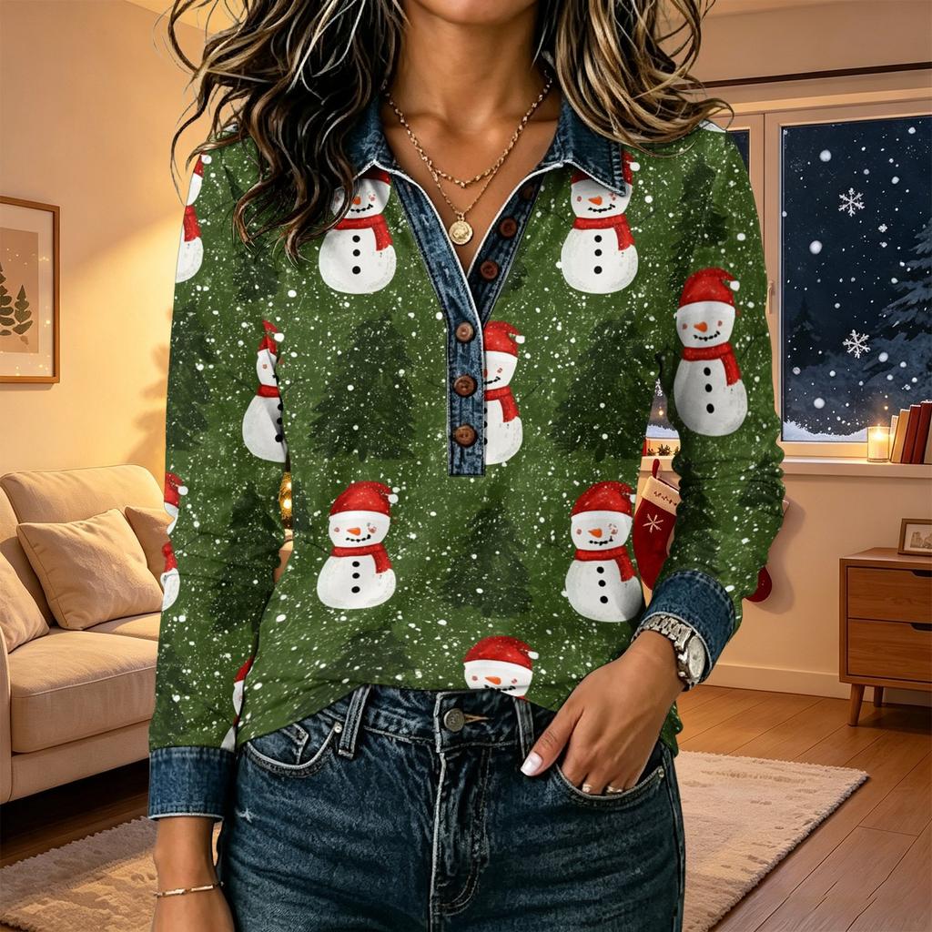 Women's Casual Loose Fit Long Sleeve Christmas Print Patchwork Top with Shoulder