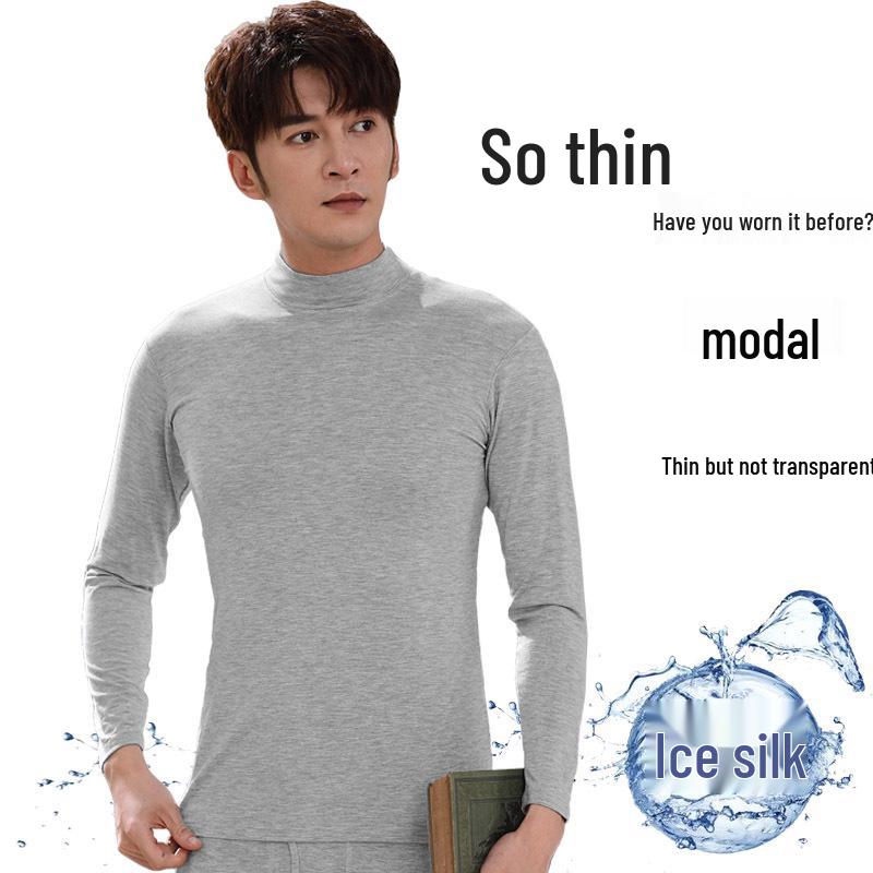 Rongying Men's Black Modal Thin Mid-Collar Top - Spring/Summer Ice Silk Base Layer