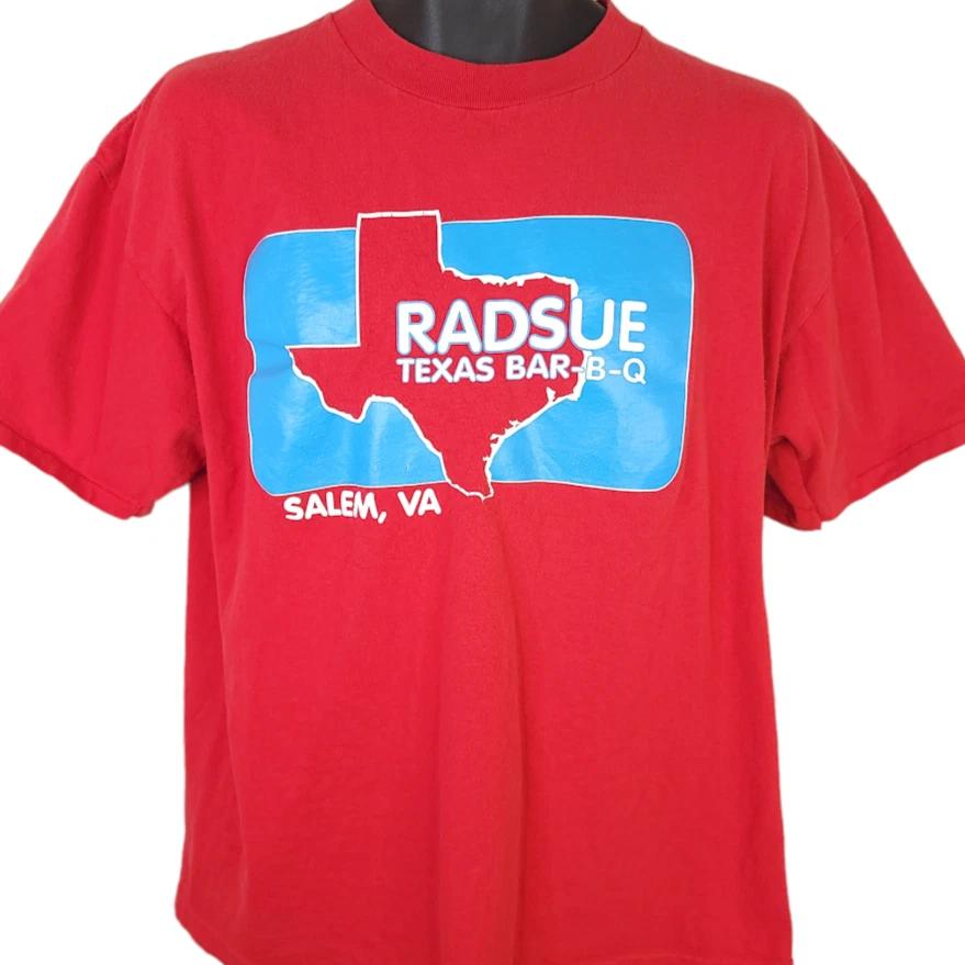 

Vintage Radsue Texas BBQ 100% Cotton T-shirt Mens Tees Top Mens Size XL 90s Salem Virginia Made In USA 3XL