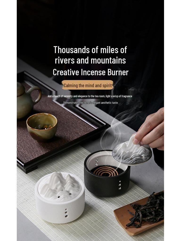 Creative Ceramic Incense Burner: Thousand Li of Rivers and Mountains Design, with Lid for Sticks and Coils, Aromatherapy Home Ornament