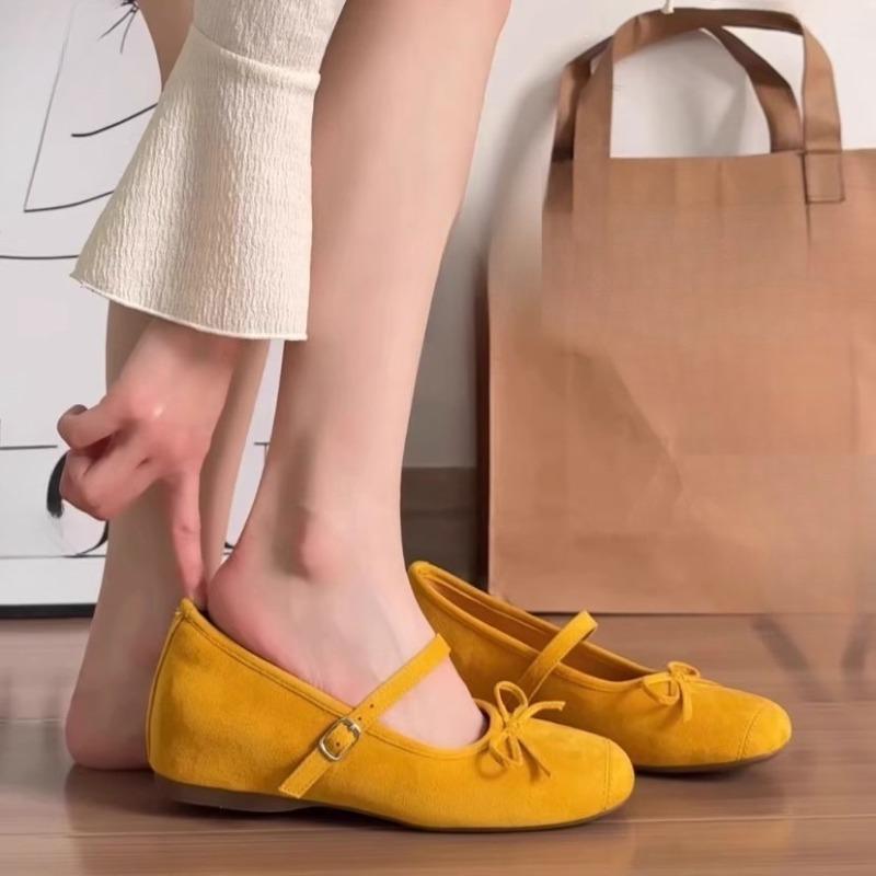 Bow Soft Sole Single Shoes Women's Autumn New Round Toe Suede Slip Strap Anti-slip Inside Heightening Flats