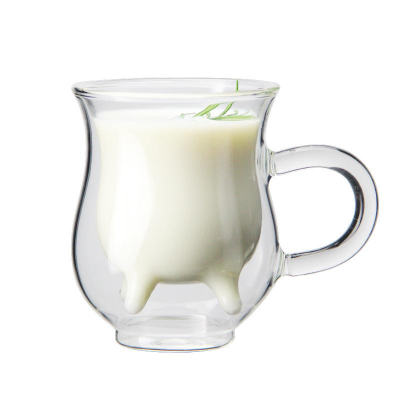 Creative Cow Double Layer Glass Creamer Cup 250ml Lovely Milk Jug Juice Tea Coffee Cup Clear Glass Mug Milk Frother Pitcher