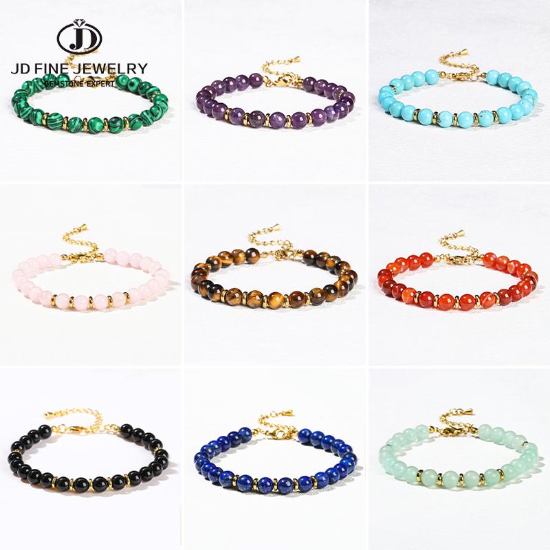 JD Natural Stone Green Aventurine 6mm Round Bead Stainless Steel Bracelet Women Trendy Adjustable Reiki Healing Jewelry Female