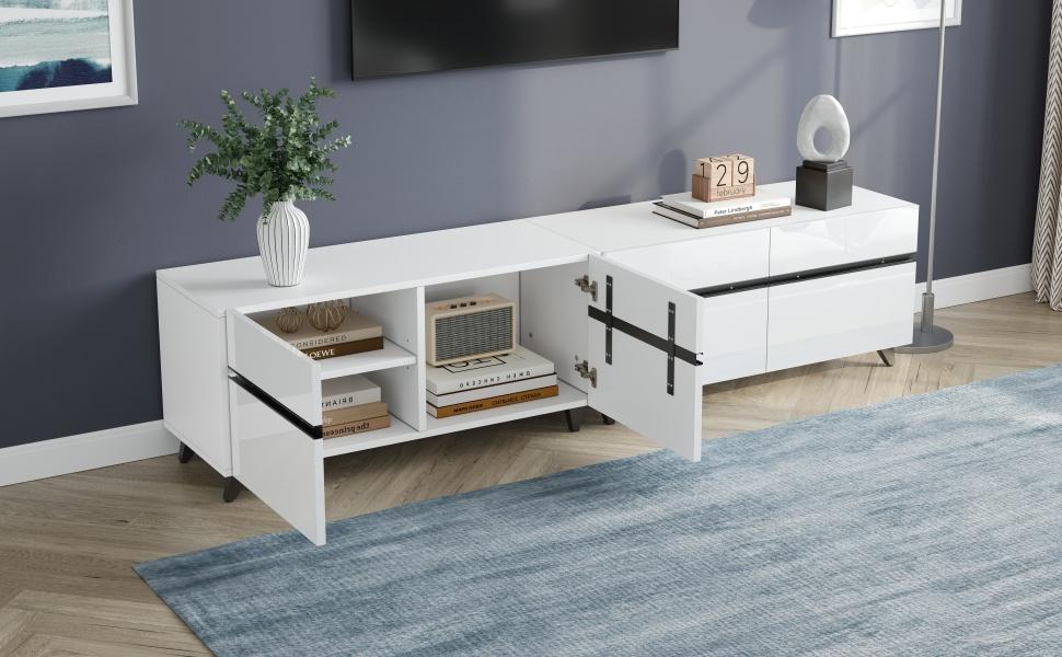 180*40*49cm High-Gloss TV Cabinet with 4 Cabinets and Adjustable Dividers, Cabinet with 8 Table Legs, Load Capacity 52kg, Suitable for 80-Inch TVs