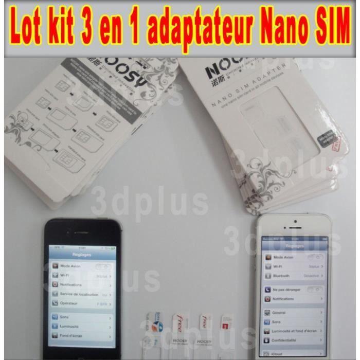 Lot Kit 3 En 1 Adaptateur Nano SIM - Micro SIM - SIM