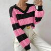 Women Knitted Sweater V-Neck Long Sleeve Crop Pullover Jumper Patchwork Color Twist