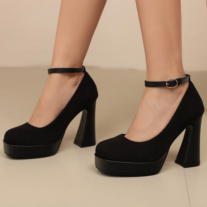 Block High Heels Platform Pumps Shoes Woman Round Toe Ankle Strap Flock Black Red Heeled Party Wedding Office Shoes Ladies
