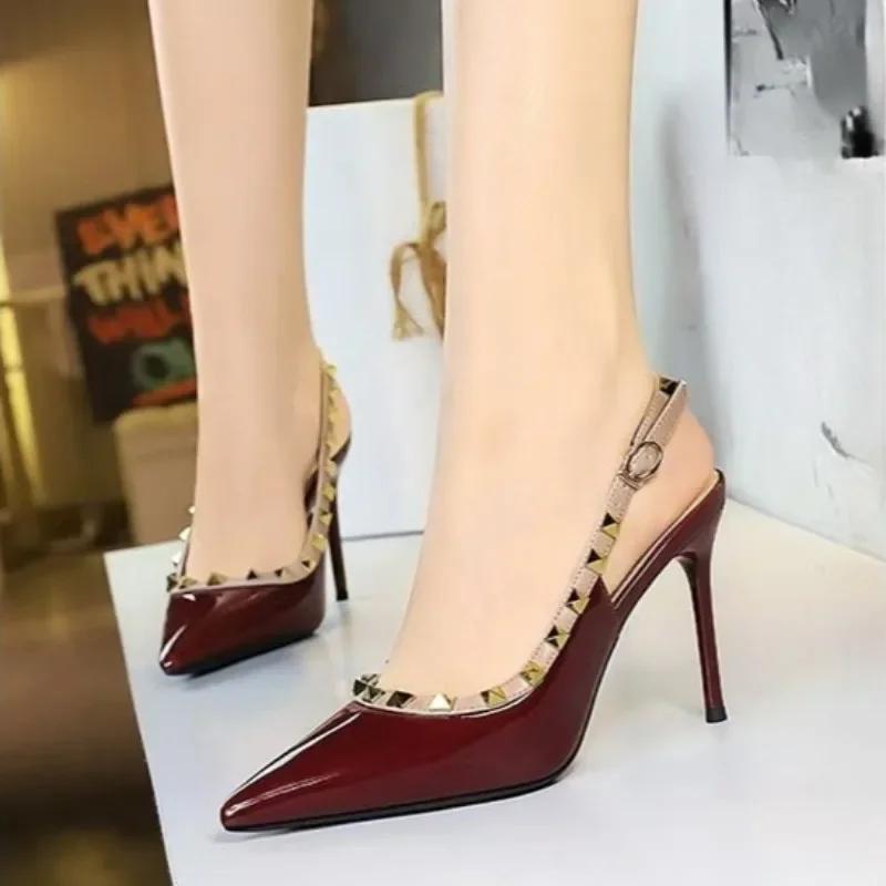 Fashion High Heels Stiletto Heel Super High Heel Patent Leather Studded Back Slip Strap Women's Singles