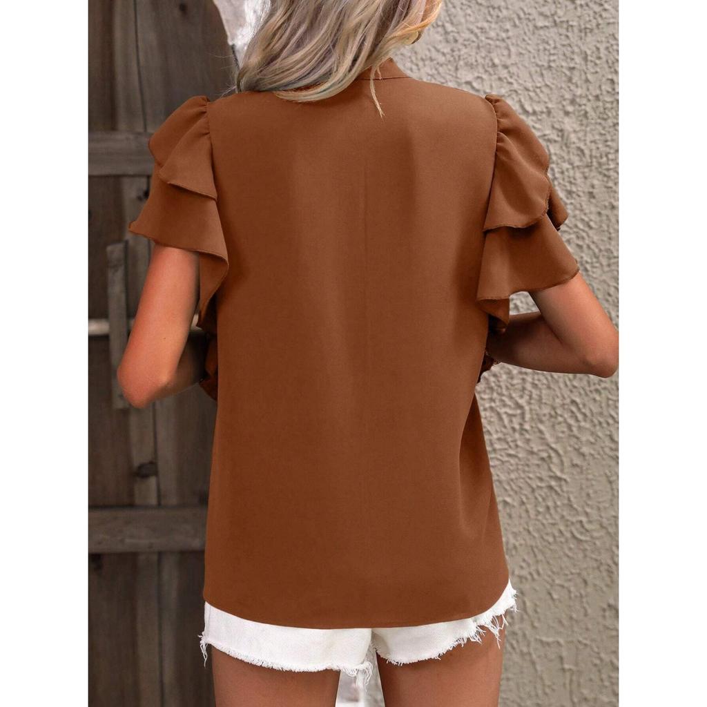 GMXIA Women's Summer V-neck Casual Double Layer Lotus Sleeve Solid Color Shirt Top