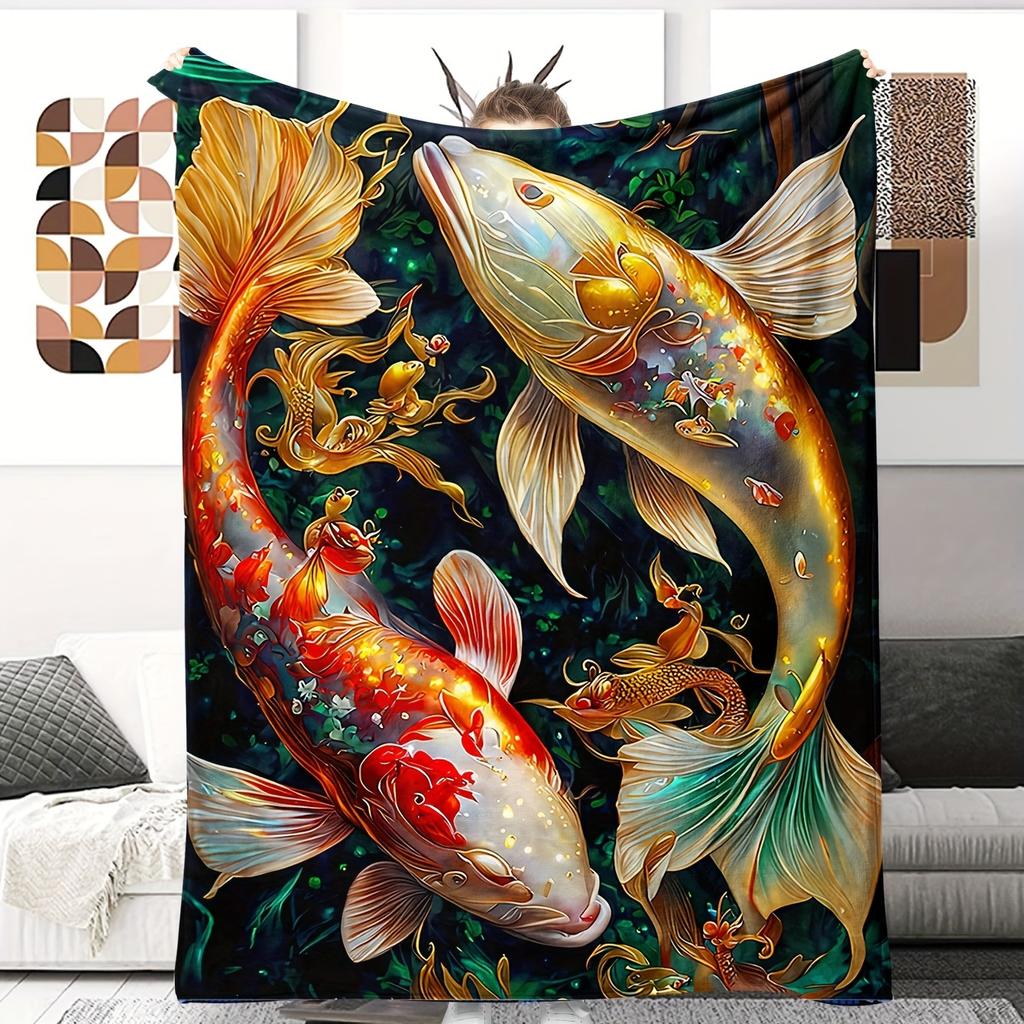 Chinesische Koi-Decke - Ultra-weiche Flanell-Sofa-Überwurfdecke, Luxuriös Rot/Gold/Grün/Blau, Ganzjahres-Wärme, Künstlerisches Teppichdesign