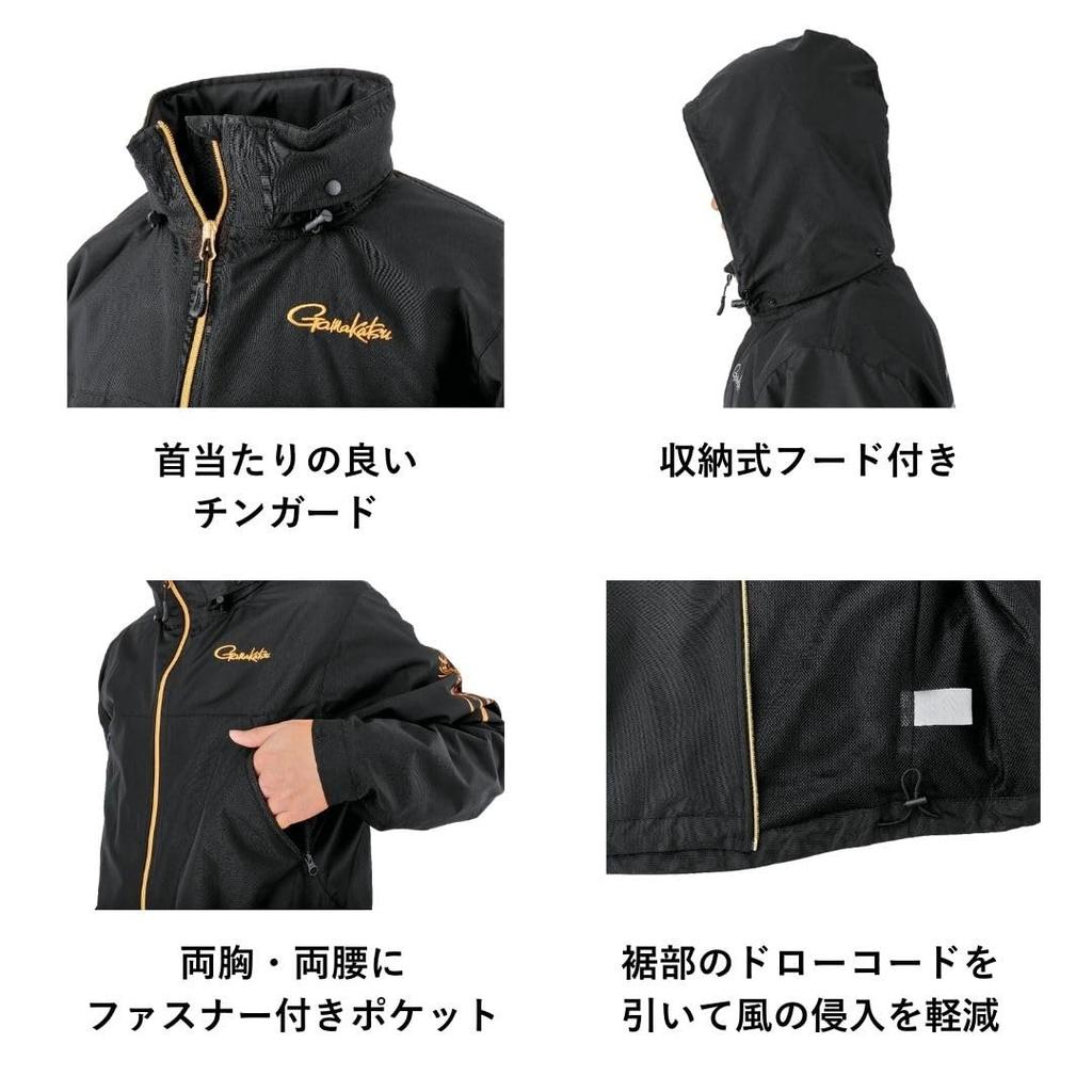 Gamakatsu GM3792 Windbreaker Jacket Black/White Size M Lightweight Fishing Outerwear with Stowaway Hood
