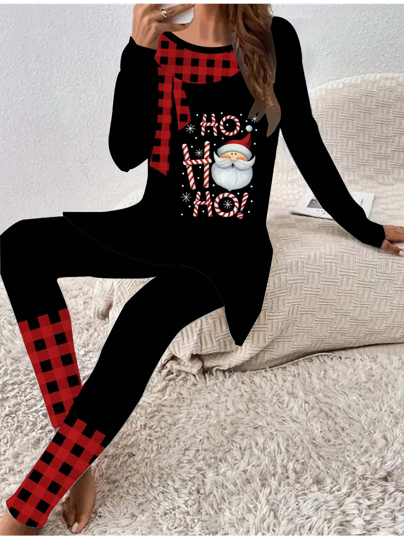 

Euro-American Fashion 3D Christmas Printed Women s Four-season Long-sleeved T-shirt + Long Pants Two-piece Set. Perfect Gift for New Year & Christmas 1XL